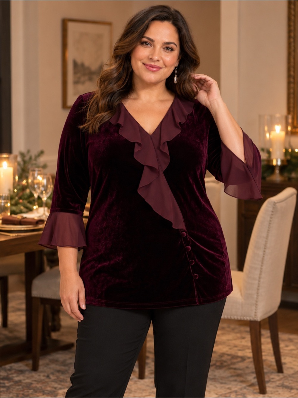 Alex Evenings 2X Burgundy Velvet Ruffle Blouse Sheer Cuffs Plus Size